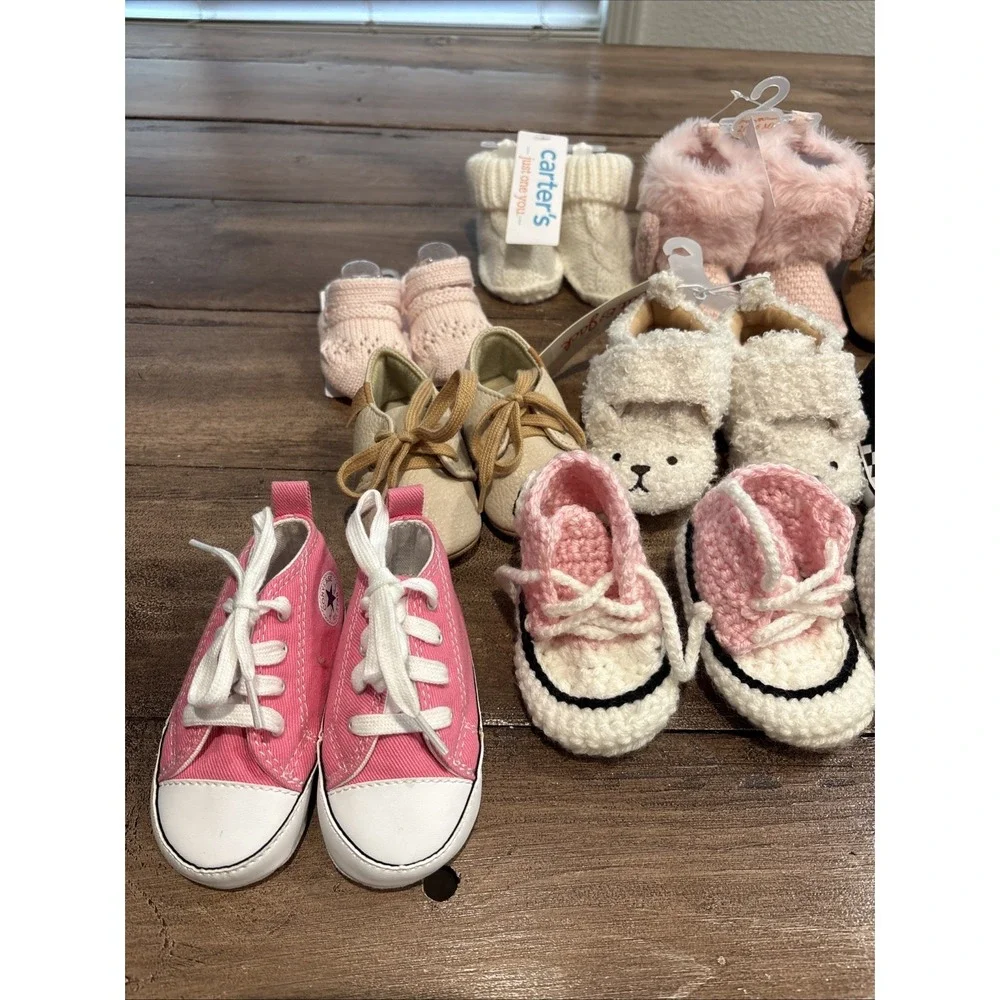 Lot 12 Pairs Infant Girl Baby Sizes NB-2 Dressy Slippers, Sock Shoes Boots